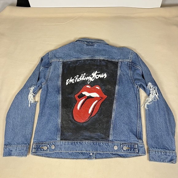 Levis Denim Jacket Womens Ex Boyfriend Distressed Rolling Stones Custom Trucker - Picture 1 of 11